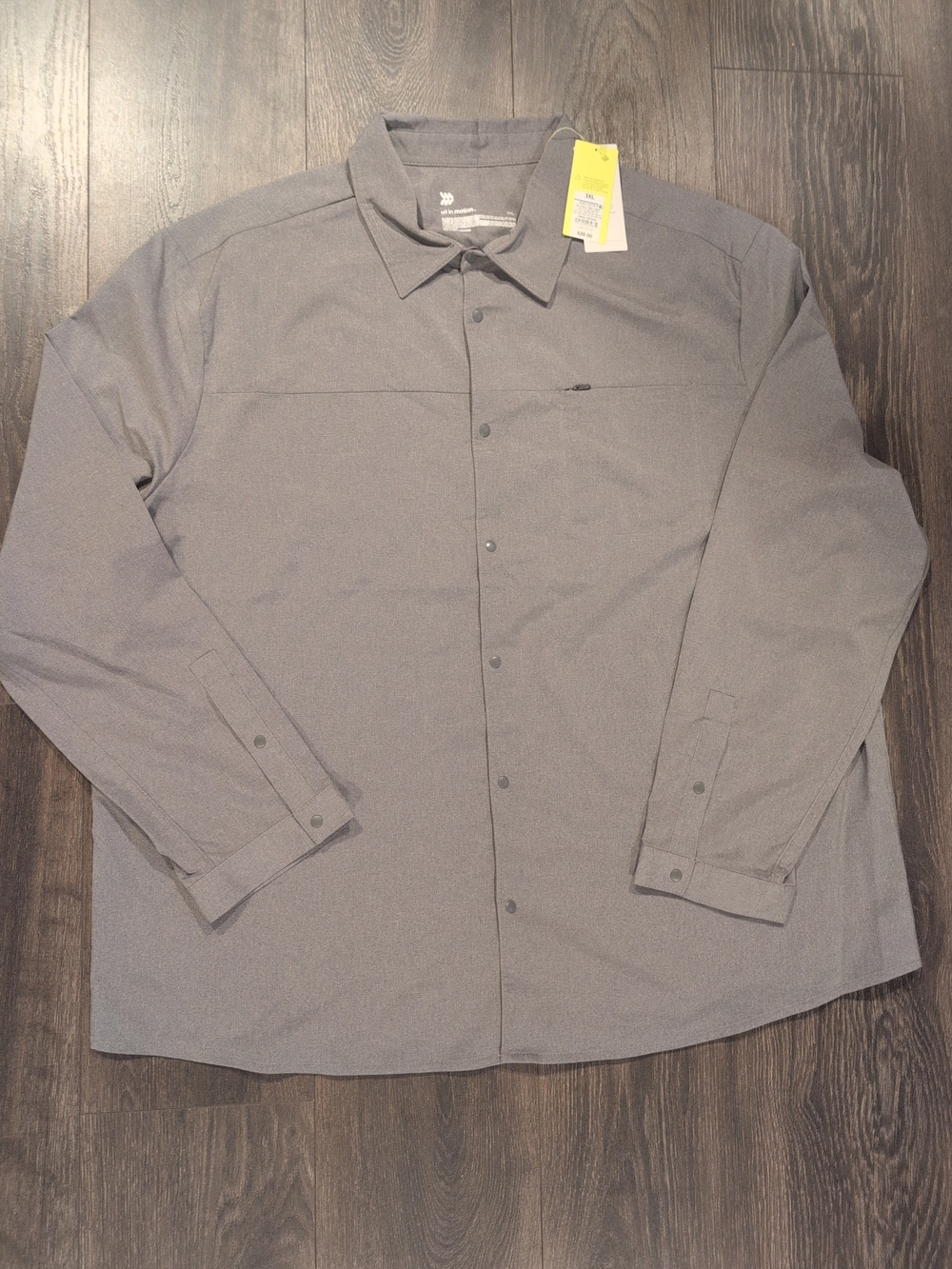 Men's All In Motion Shirt Gray Long Sleeve Snap Button Up Outdoor UPF 3XL NWT
